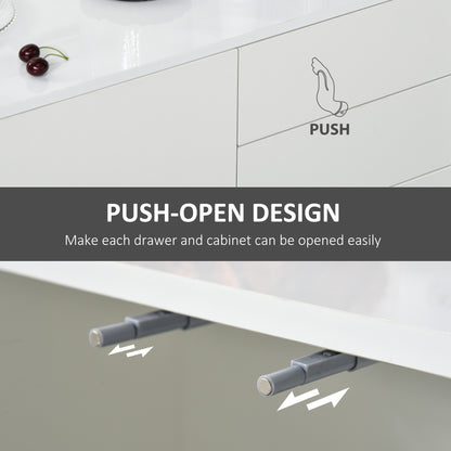 HOMCOM High Gloss Side Cabinet, Push-Open Design with 2 Drawers and 2 Cabinets for Living Room, 74H x 117W x 36Dcm, White 