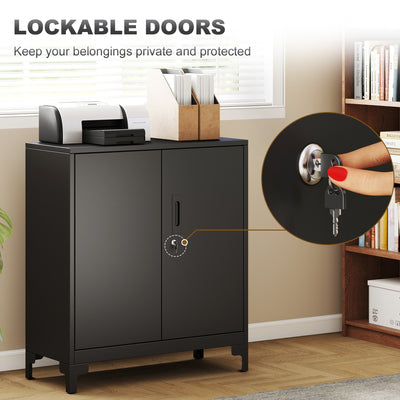 HOMCOM Lockable Metal Filing Cabinet, 2-Tier Storage Cupboard with Double Doors, Modern Office Organiser, Black 