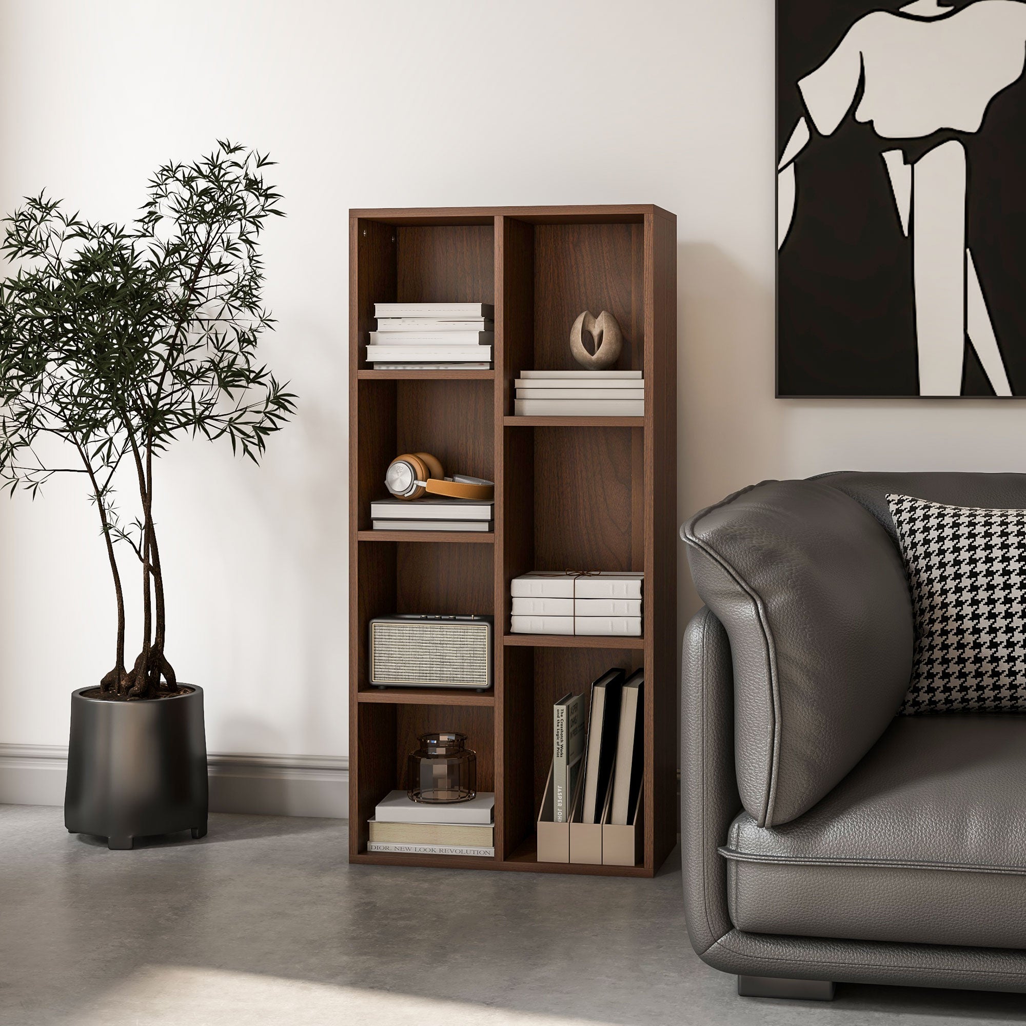HOMCOM Seven-Cube Bookcase - Walnut Wood Effect 