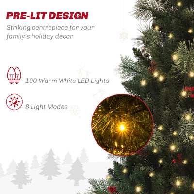 HOMCOM 1.2m/4ft Artificial Christmas Tree with 100 Warm White LED Lights and 8 Modes, Small Xmas Tree with Red Berries, Pine Cones and Retro Base, Green 