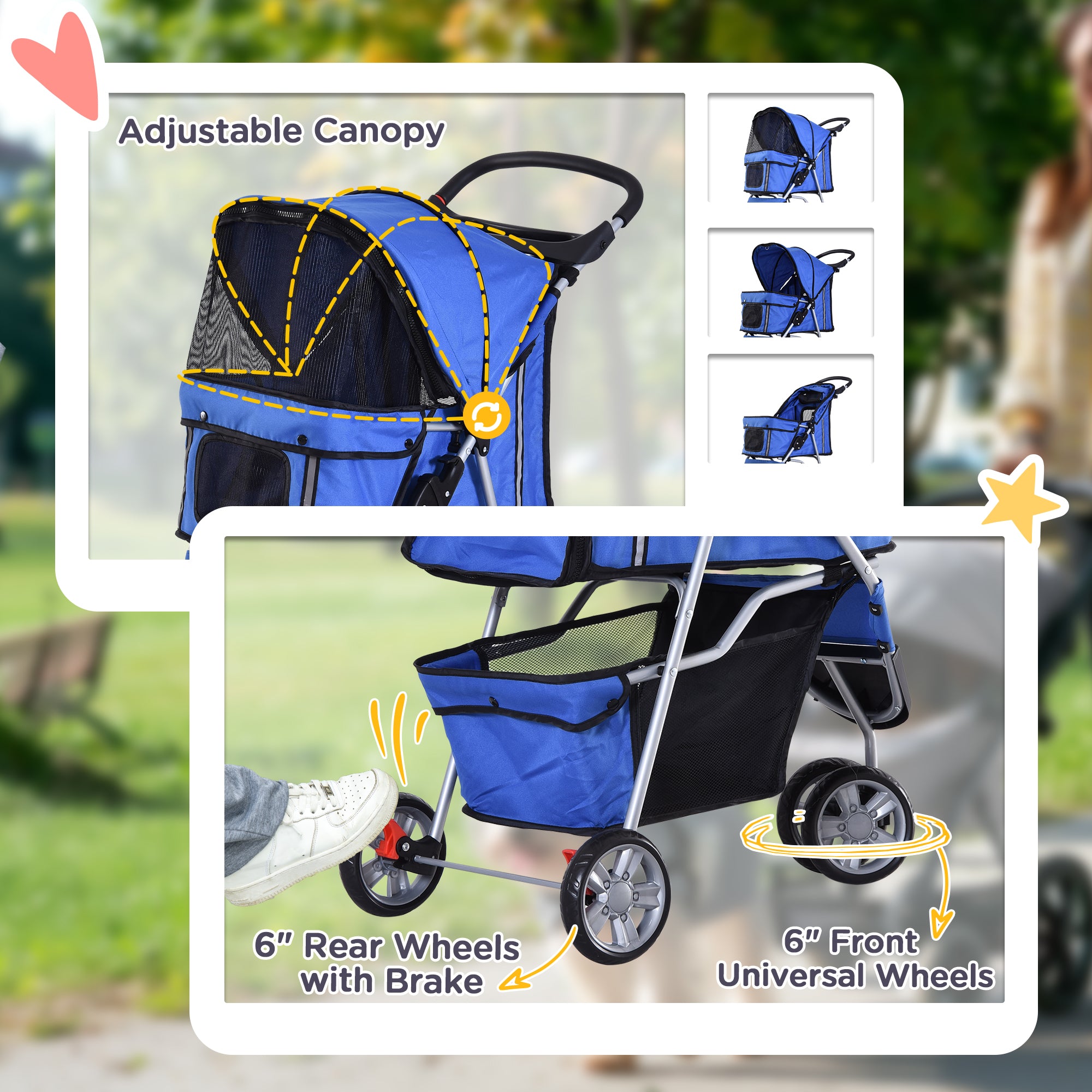 PawHut Dog Stroller, 3 Wheels Foldable Cat Dog Pram with Cup Holder, Storage Basket, Pet Stroller for Small Miniature Dogs, Blue 