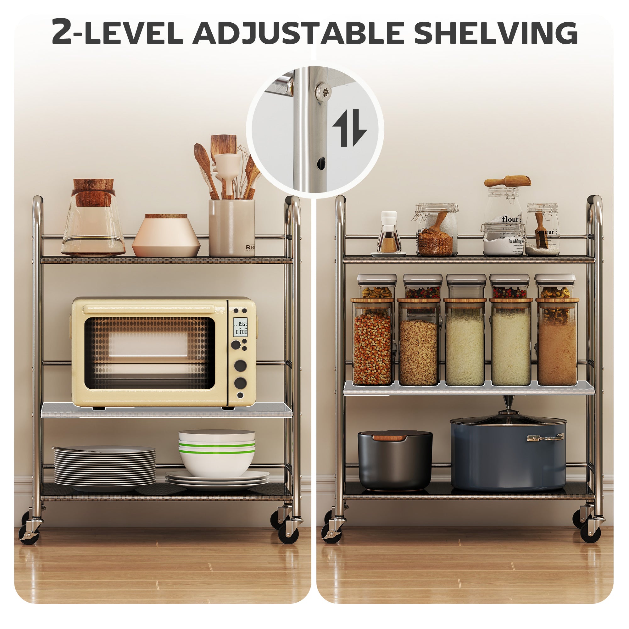 HOMCOM 3 Tier Stainless Steel Kitchen Storage Trolley with Adjustable Shelf - Silver 