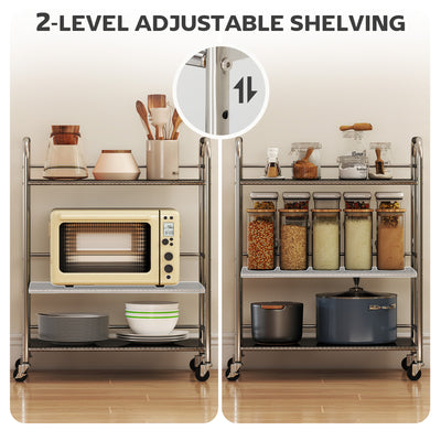 HOMCOM 3 Tier Stainless Steel Kitchen Storage Trolley with Adjustable Shelf - Silver 