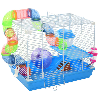 Pawhut 2 Tier Hamster Cage, Gerbil Cage with Handle, Exercise Wheels, Tunnel, Tube, Water Bottle, Dishes, Ladder, for Dwarf, Blue 