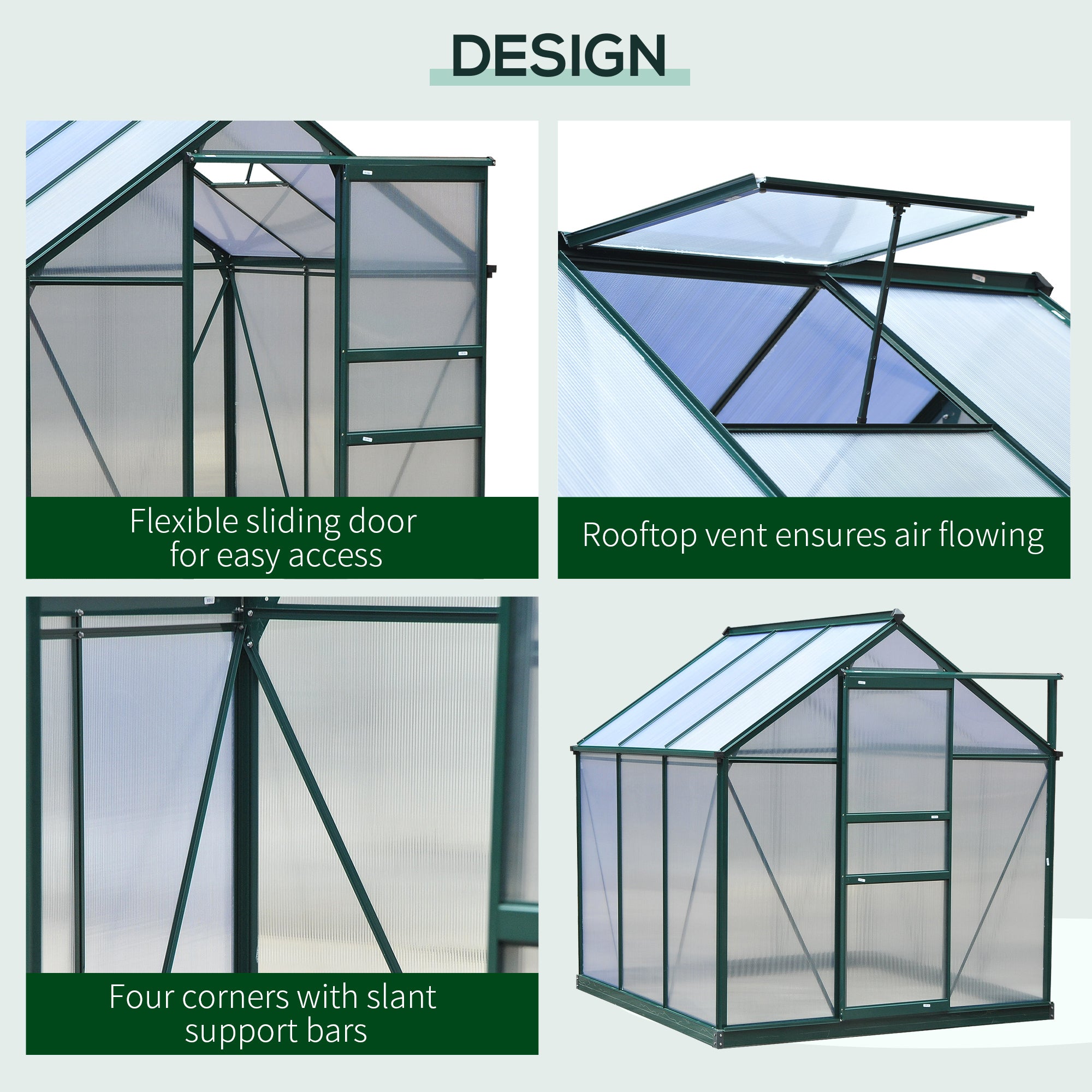 Outsunny 6 x 6ft Polycarbonate Greenhouse, Large Walk-In Green House with Slide Door and Window, Garden Plants Grow House with Aluminium Frame and Foundation, Dark Green 