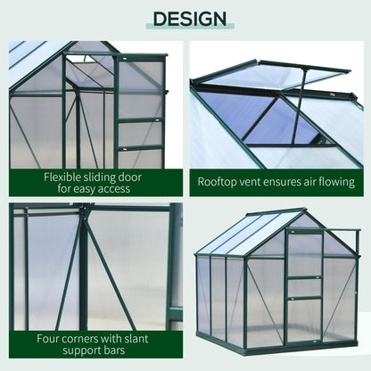 Outsunny 6 x 6ft Polycarbonate Greenhouse, Large Walk-In Green House with Slide Door and Window, Garden Plants Grow House with Aluminium Frame and Foundation, Dark Green 