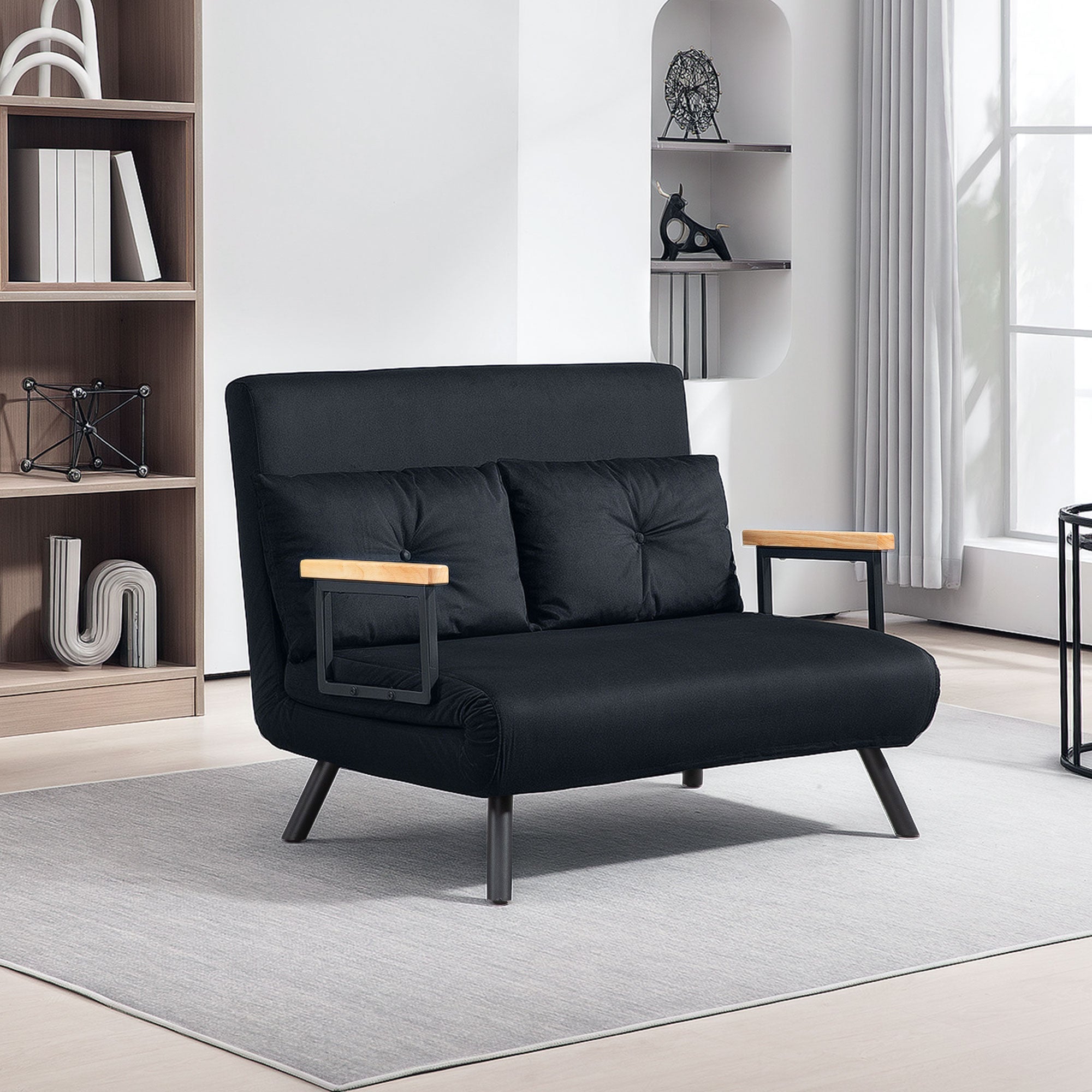 HOMCOM 4-in-1 Velvet-Feel Double Sofa Bed, with Pillows - Black 
