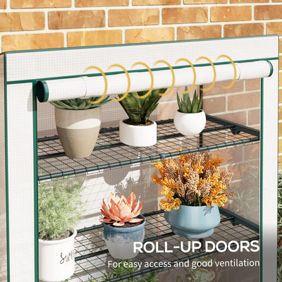Outsunny 4 Tier Lean-to Mini Greenhouse with Reinforced PE Cover, Portable Small Greenhouse with Roll-Up Door, Green Hemmed Edging, 110 x 50 x 171cm, Green 