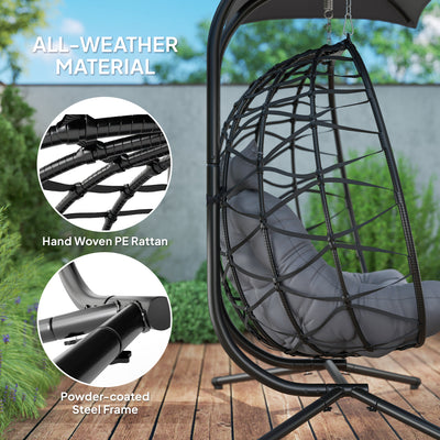 Outsunny Rattan Double Hanging Egg Chair with Canopy, Foldable Wicker Swing Egg Chair with Cushion, Head Pillows, Stand, Steel Frame, Hammock Chair for Indoor Outdoor, Capacity 260 kg, Black 