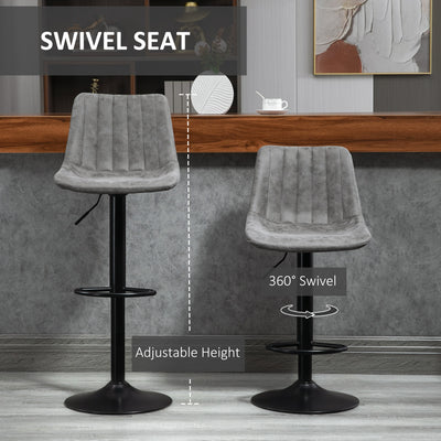 HOMCOM Bar Stools Set of 2, Swivel Counter Height Barstools with Back, Adjustable Bar Chairs, Breakfast Dining Stools for Kitchen Island Counter with Adjustable Steel Footrest & Base, Grey 