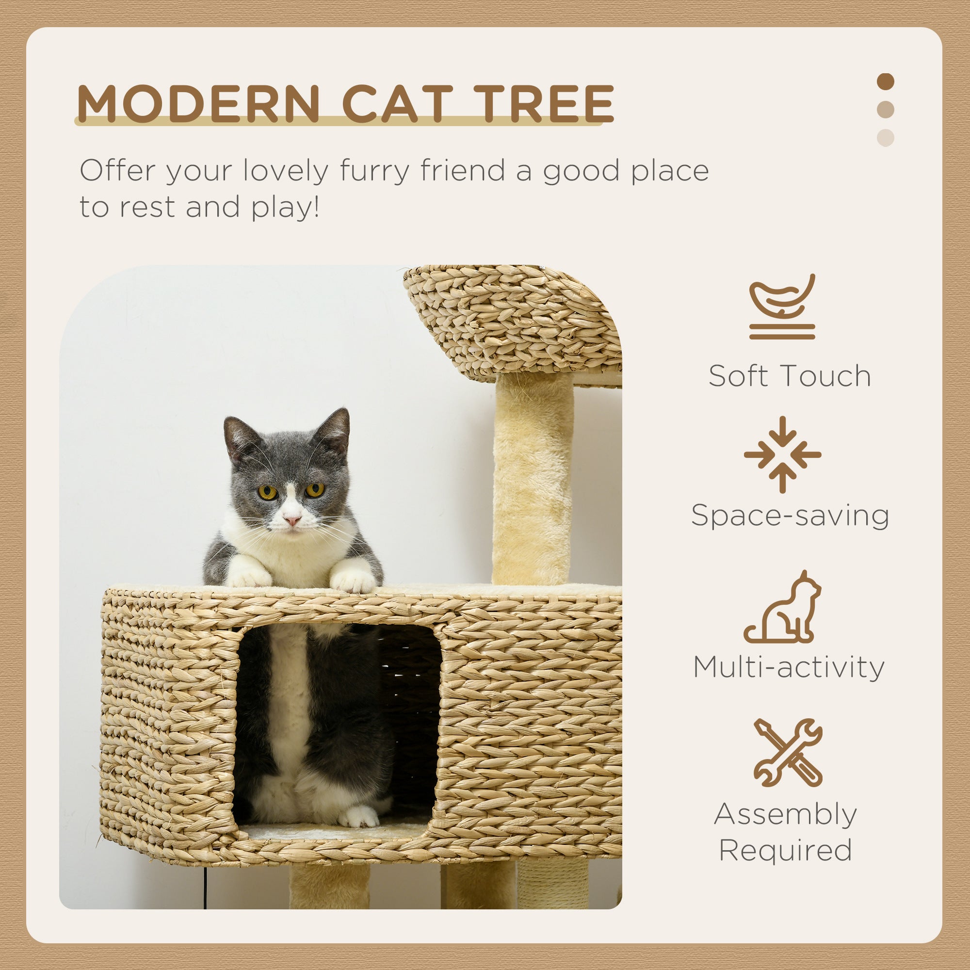 PawHut 95cm Cat Tree Tower for Indoor Cats, with Scratching Post, Cat House, Toy Ball, Platform - Beige 