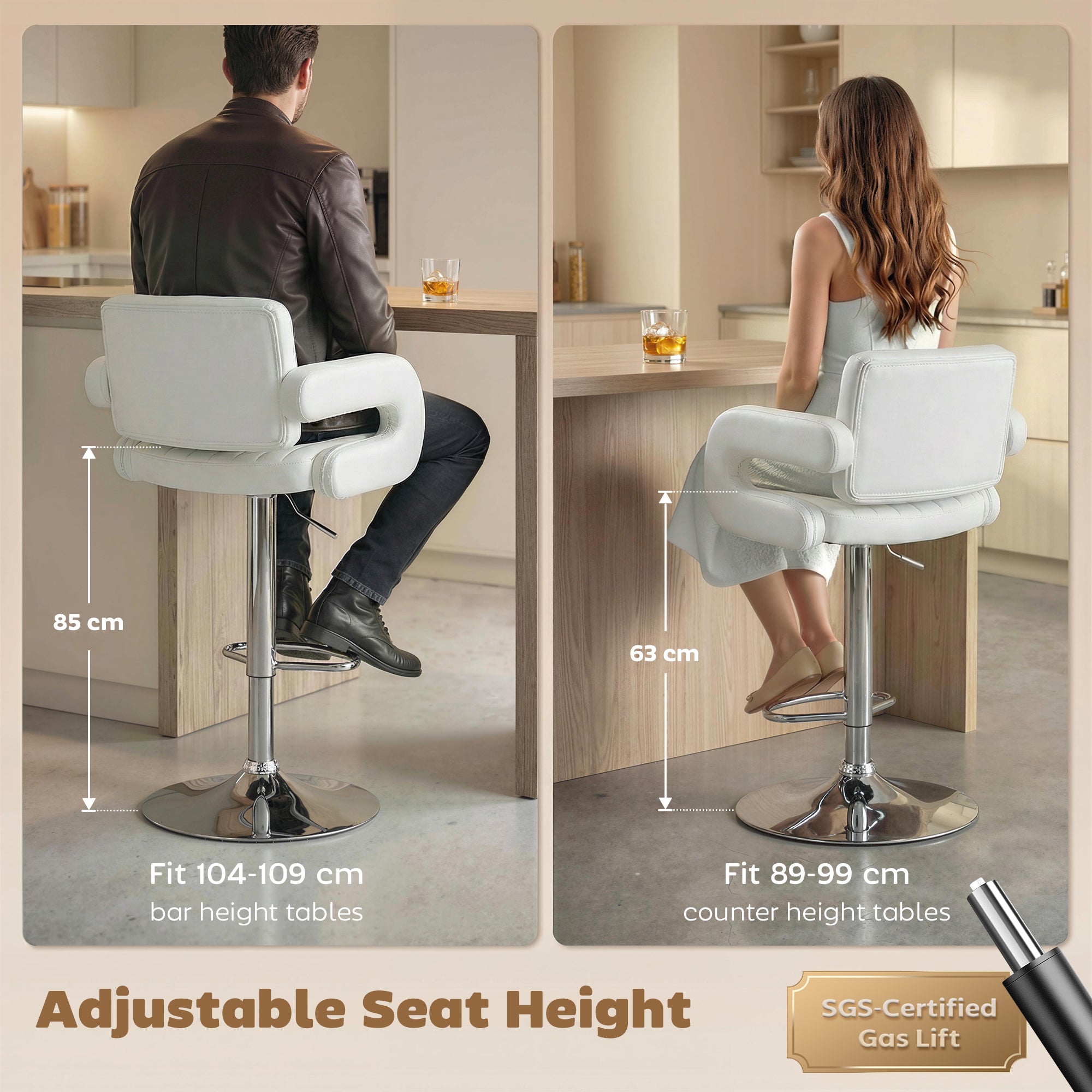 HOMCOM Bar Stools Adjustable Swivel Kitchen Chairs with Backrest Armrest Set of 2 PU Leather White 
