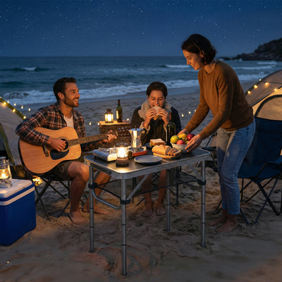 Outsunny 2ft Folding Camping Table, Picnic Table with Mesh Storage Layer, 4 Adjustable Heights and Carrying Handle, Black 