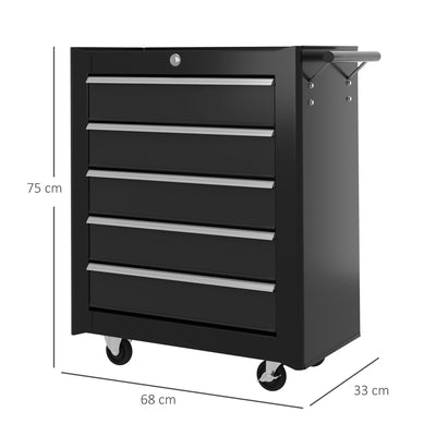 HOMCOM 5-Drawer Tool Chest with Wheels, Steel Lockable Tool Storage Cabinet with Handle, 2 Keys for Garage, Workshop, Black 