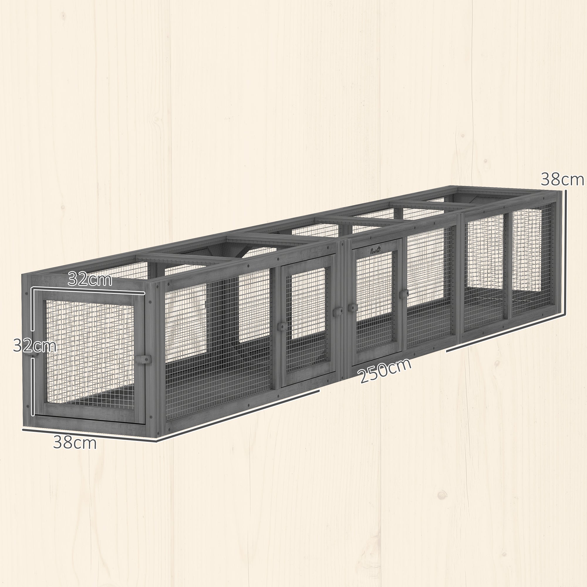 PawHut Cat Tunnel, 250cm Extra Long Wooden Cat Play Tunnel with 8 Doors, L-shape/Rectangle, Outdoor Cat Enclosure, Dark Grey 