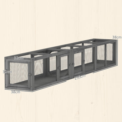 PawHut Cat Tunnel, 250cm Extra Long Wooden Cat Play Tunnel with 8 Doors, L-shape/Rectangle, Outdoor Cat Enclosure, Dark Grey 