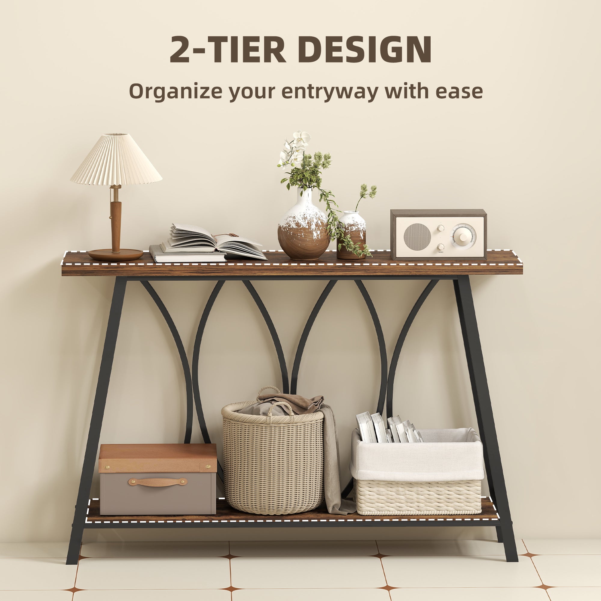 HOMCOM Narrow Console Table, Industrial 2-Tier Sofa Table with Metal Frame for Entryway, Living Room, 120x30x80cm, Rustic Brown 