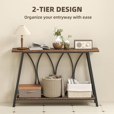 HOMCOM Narrow Console Table, Industrial 2-Tier Sofa Table with Metal Frame for Entryway, Living Room, 120x30x80cm, Rustic Brown 