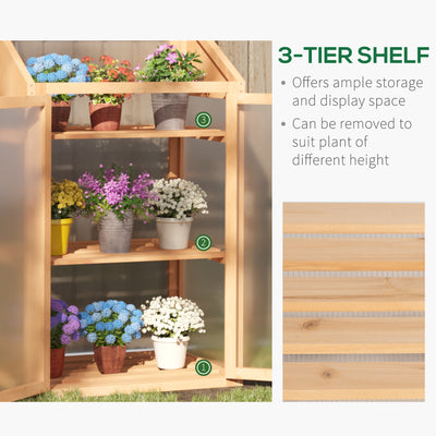 Outsunny Wooden Cold Frame Polycarbonate Greenhouse with Openable Top Cover and Double Door, Grow House for Flower, Vegetable and Plants, 70 x 50 x 120cm, Grey 