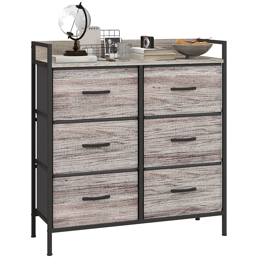 HOMCOM Rustic Chest of Six Fabric Drawers - Grey Wood Effect 