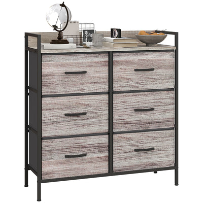 HOMCOM Rustic Chest of Six Fabric Drawers - Grey Wood Effect 