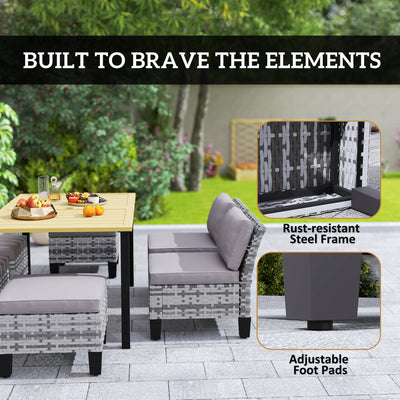 Outsunny 7-Piece Rattan Garden Dining Set, 6 Seater Wicker Garden Furniture Set with Seat and Back Cushions, Umbrella Hole, Patio Table and Chairs with Slatted Metal Top Table for Balcony, Grey 