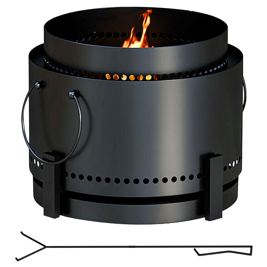 Outsunny Smokeless Fire Pit with Ash Catcher, 37cm Portable Wood Burning Firepit with Poker for Garden Camping Bonfire Party, Metal, Black 
