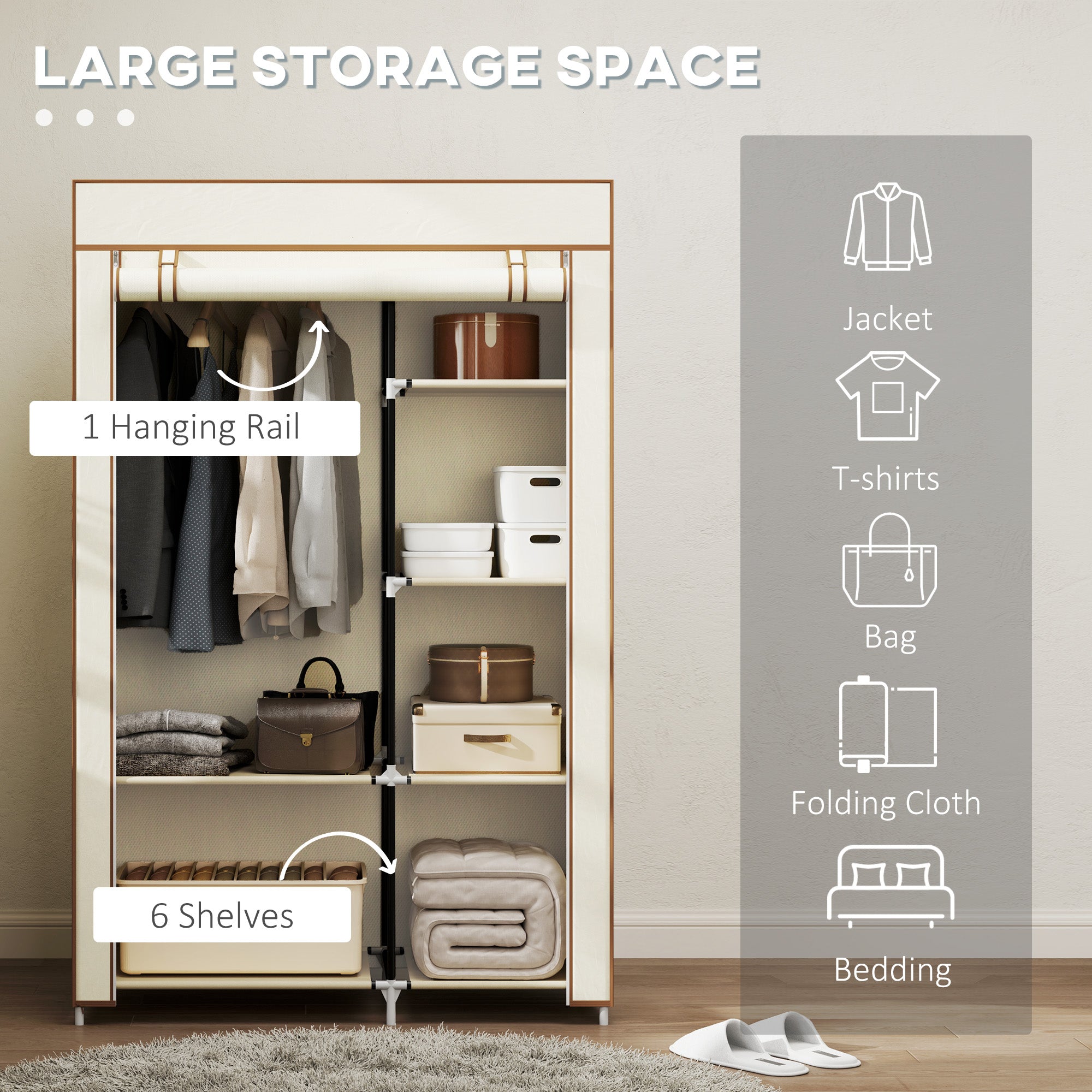 HOMCOM Fabric Wardrobe, Portable Wardrobe with 6 Shelves, 1 Hanging Rail, Foldable Closets, 103 x 43 x 162.5 cm, Cream White 