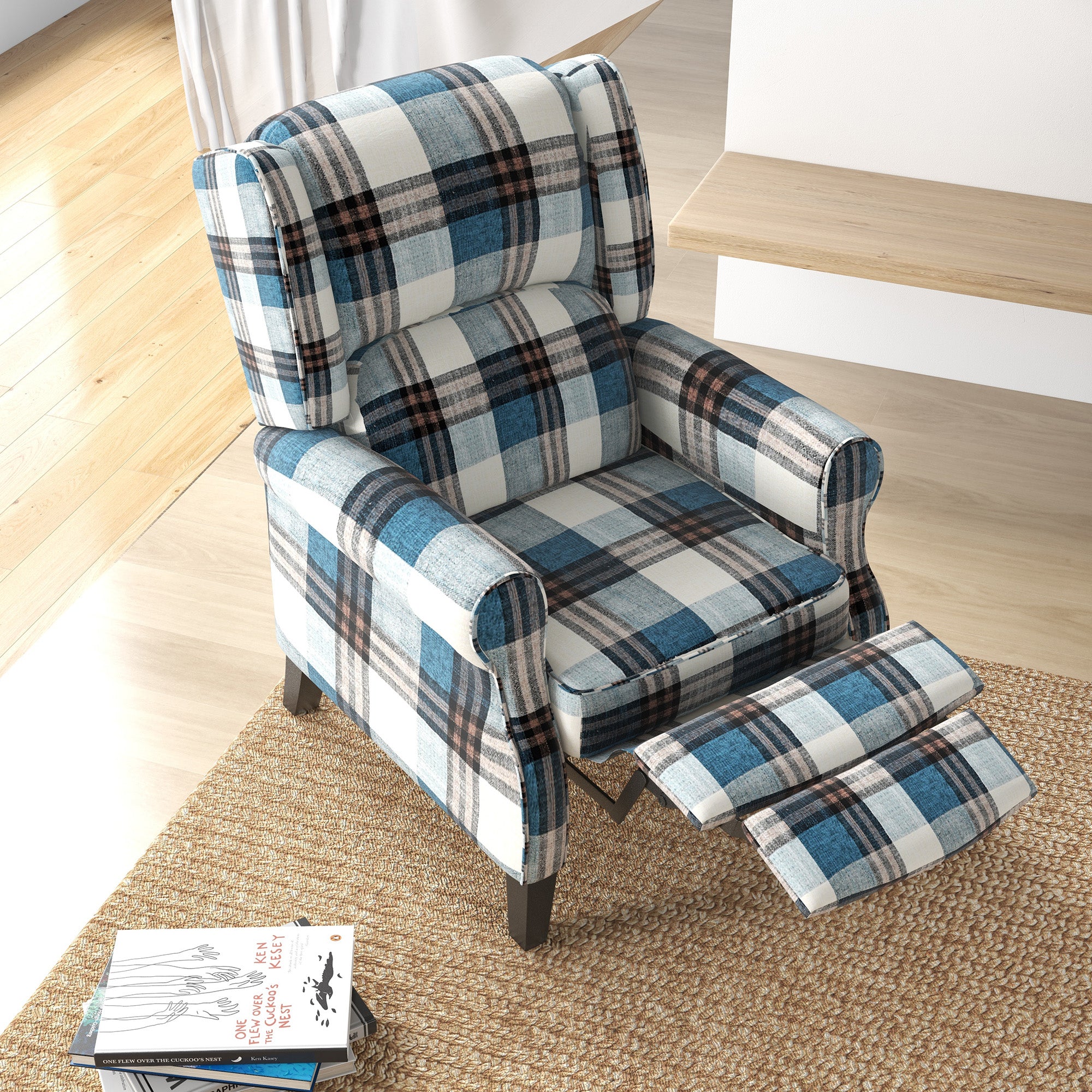 HOMCOM Wingback Reclining Chair Push Back Recliner Armchair for Living Room Bedroom with Footrest Armrests Wood Legs Blue 