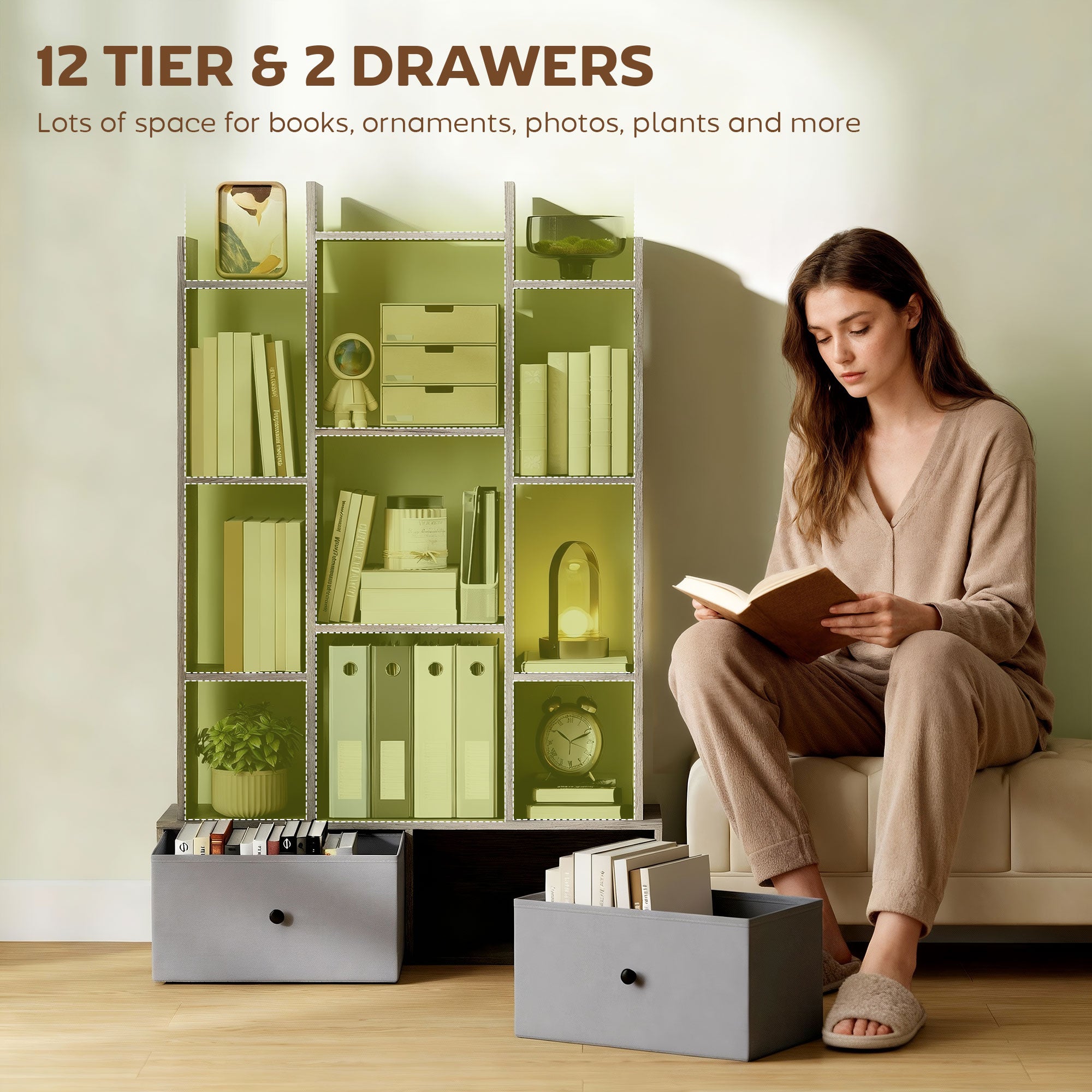 HOMCOM 12 Shelf Storage Unit, with Drawers - Graphite Wood Effect 