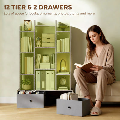 HOMCOM 12 Shelf Storage Unit, with Drawers - Graphite Wood Effect 