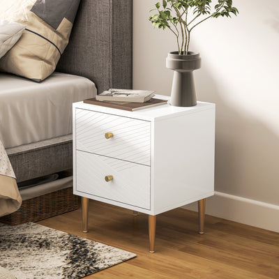 HOMCOM Elegant Two-Drawer Bedside Table - White/Gold-Tone 