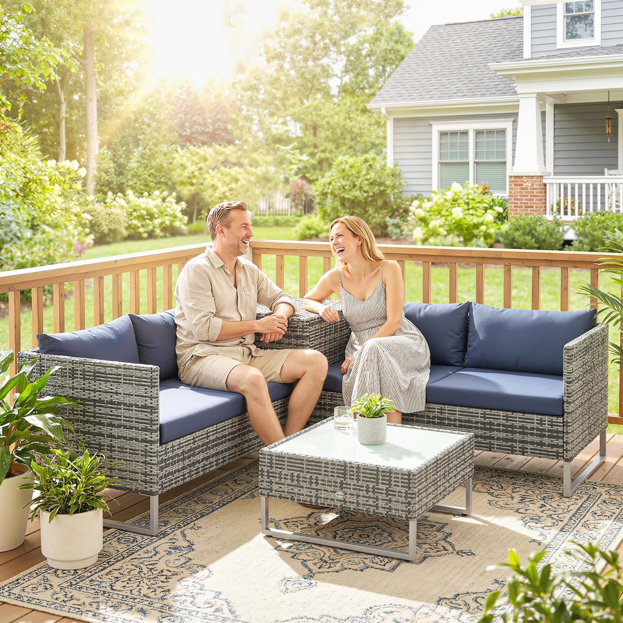 Outsunny 4 Piece Rattan Garden Furniture Set, Outdoor Corner Sofa Set with Storage Table, Loveseats, Cushions - Dark Blue 