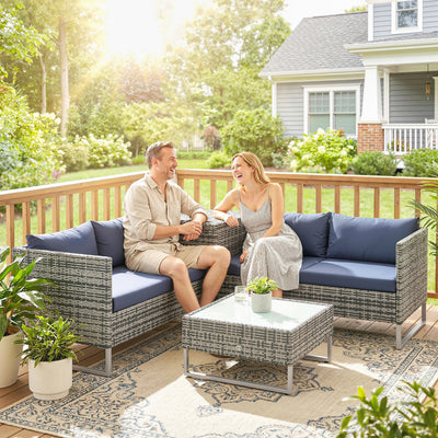Outsunny 4 Piece Rattan Garden Furniture Set, Outdoor Corner Sofa Set with Storage Table, Loveseats, Cushions - Dark Blue 