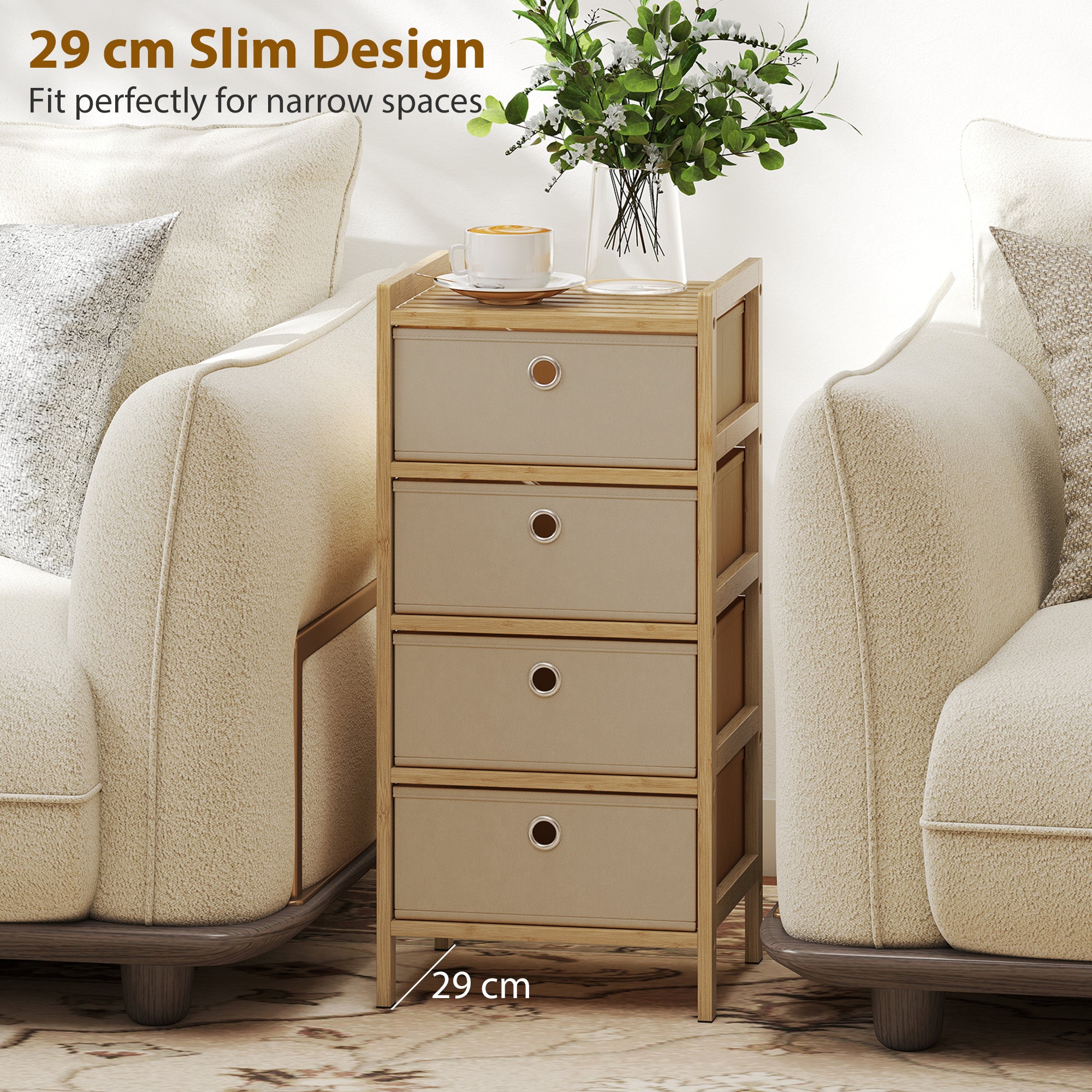 HOMCOM Chest of Drawers, 4 Fabric Drawers Narrow Dresser with Bamboo Frame, Cream White 