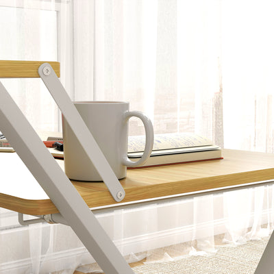 HOMCOM Compact Folding Desk for Small Spaces, Foldable Computer Desk with Storage Shelf for Home Office, 2-Tier Study Writing Table, 86 x 66 x 82 cm, Maple Wood-effect 