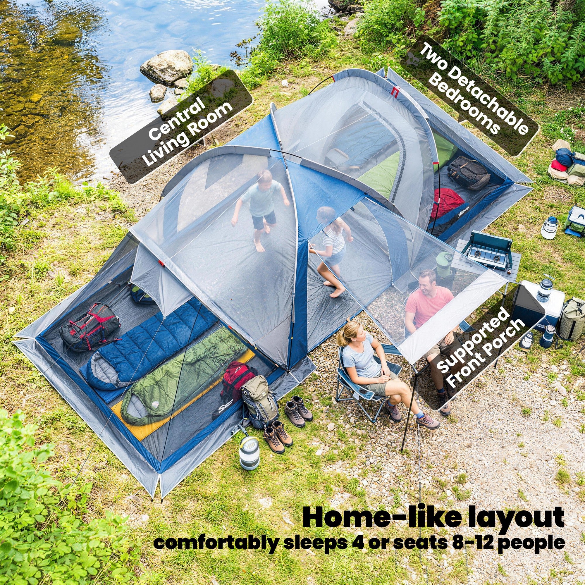 Outsunny Family Camping Tent 3000mm Waterproof Windproof Tunnel Tent 8-12 Person, Navy Blue & Light Grey 