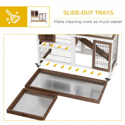 PawHut Two-Tier Rabbit Hutch Pet Cage, with Wheels - Brown 