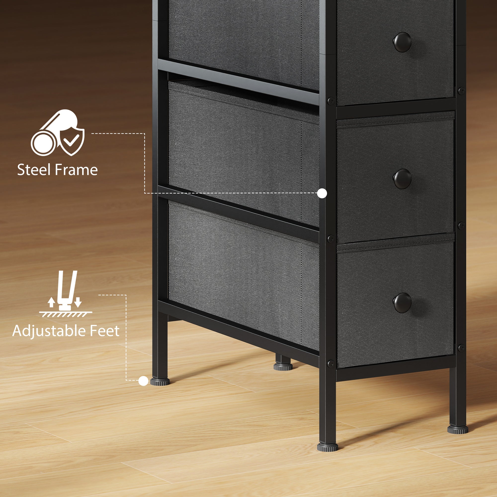 HOMCOM 4 Drawer Fabric Dresser Chest of Drawers, Slim Storage Cabinet with Steel Frame for Small Spaces, Bedroom, Black 