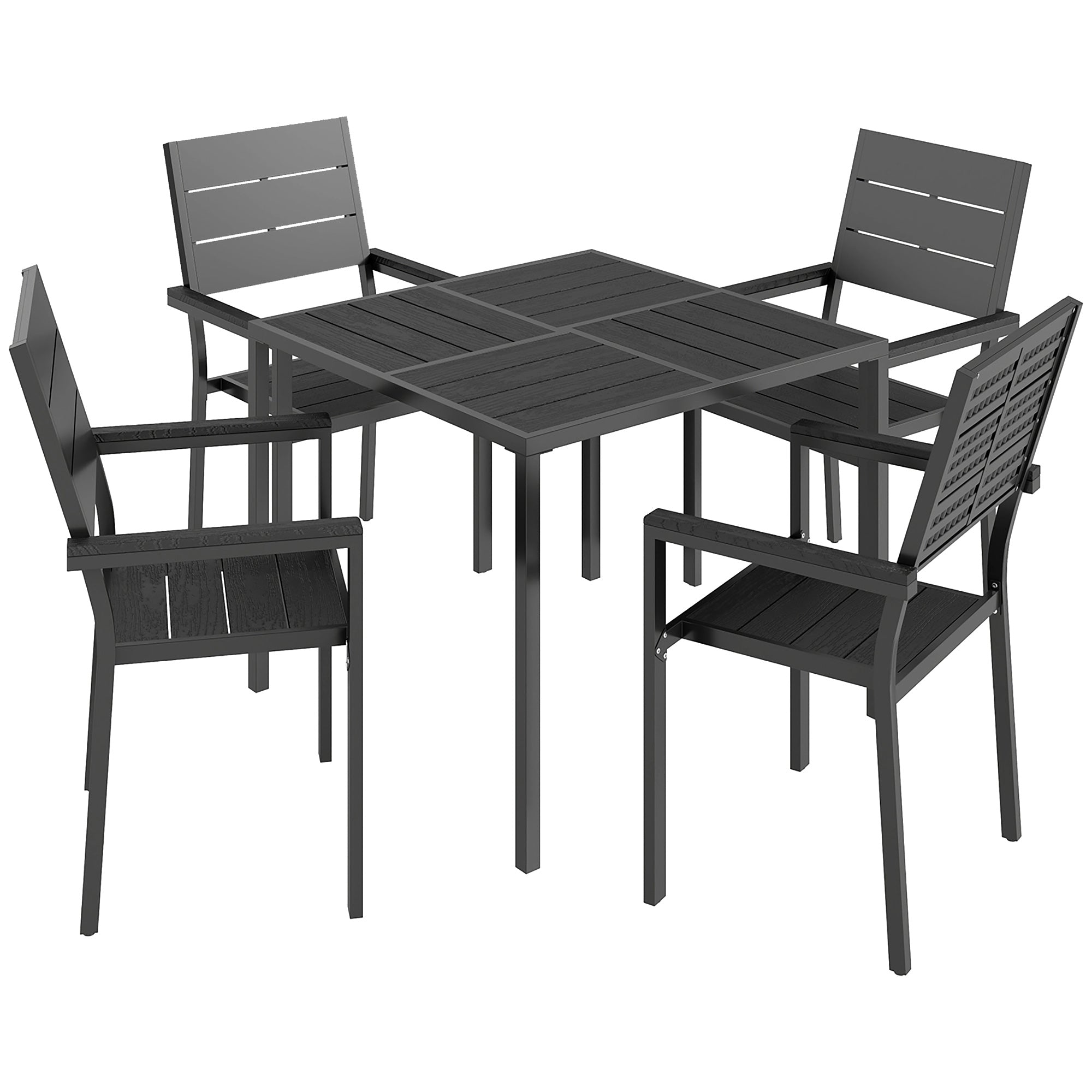 Outsunny 5 Pieces Garden Dining Set, Garden Table and Chairs Set for 4 with Square HDPE Table and Chairs with Armrests, Black 