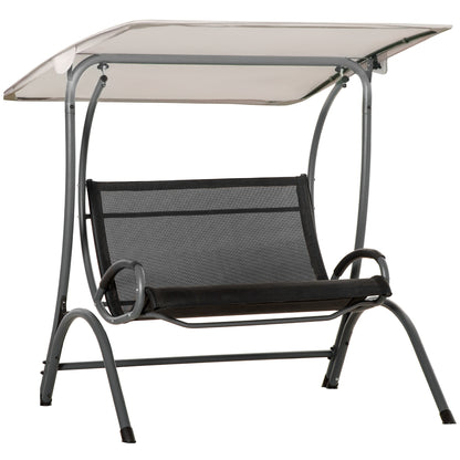 Outsunny 2 Seater Garden Swing Seat Double Bed Swing Chair Outdoor Hammock Bench w/ Adjustable Tilting Canopy, Texteline Seats and Steel Frame, Beige 