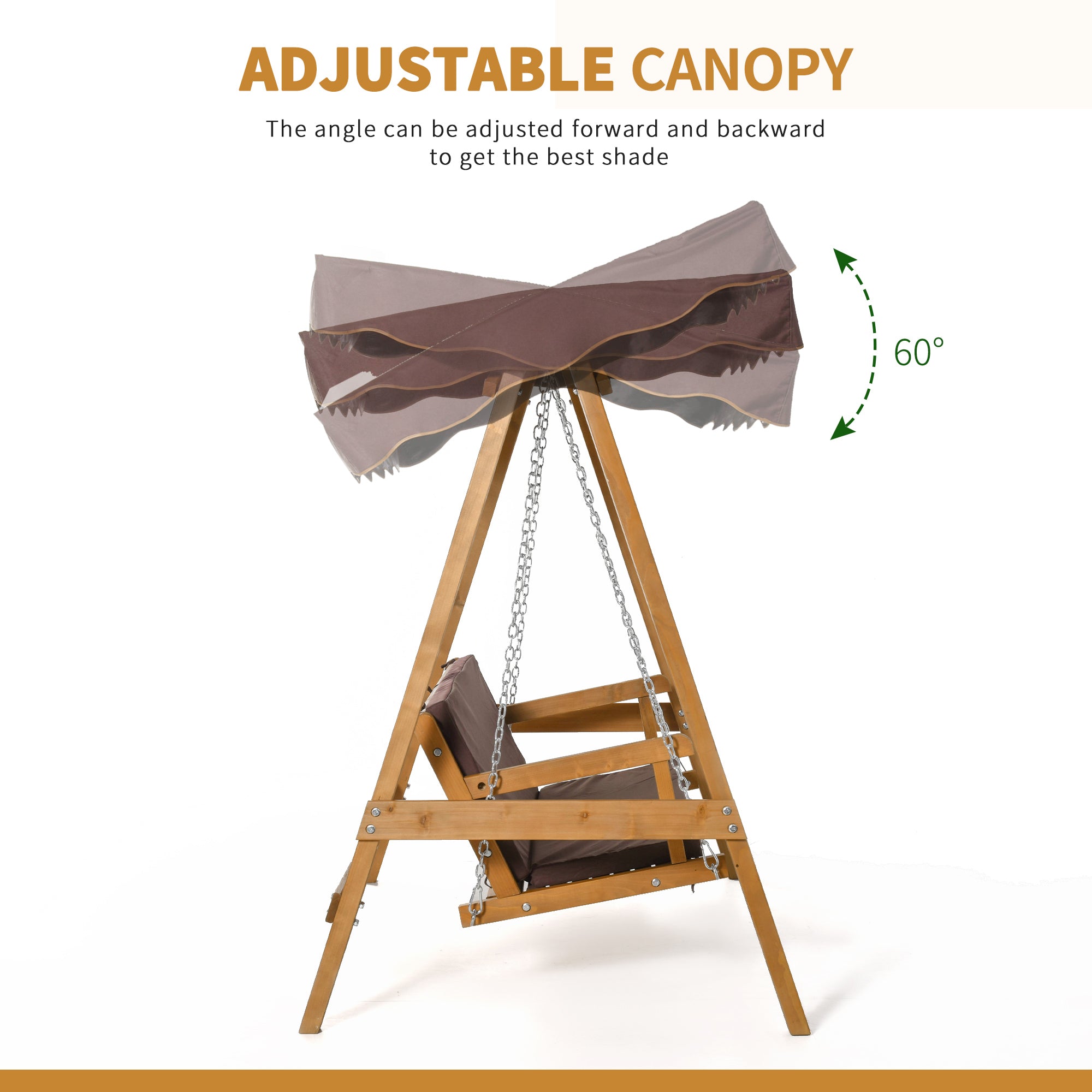Outsunny 3 Seater Garden Swing Seat Outdoor Swing Chair with Adjustable Canopy, Wooden Hammock Bench with  Padded Cushions for Patio Yard, Brown 