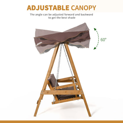 Outsunny 3 Seater Garden Swing Seat Outdoor Swing Chair with Adjustable Canopy, Wooden Hammock Bench with  Padded Cushions for Patio Yard, Brown 