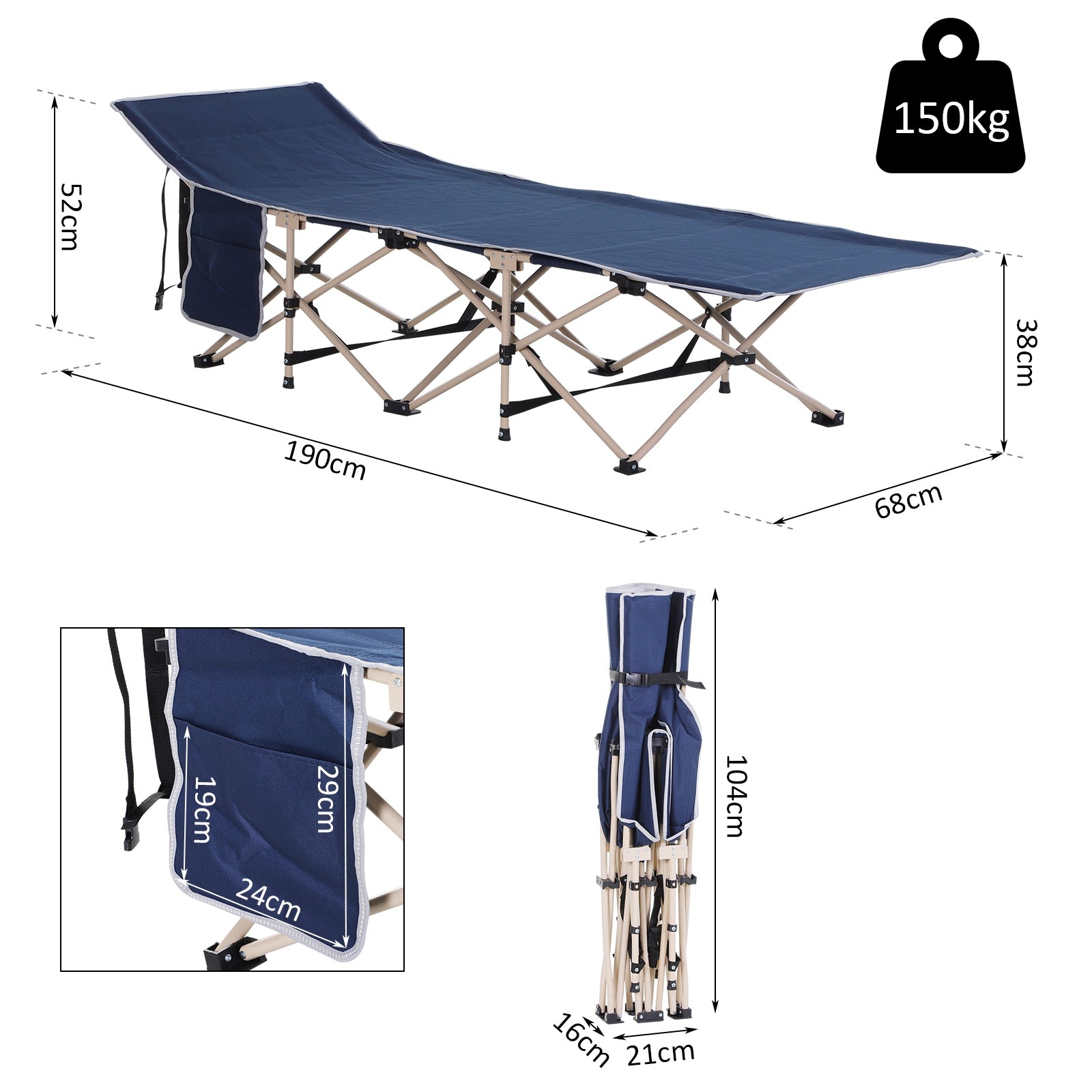 Outsunny Single Person Camping Bed Folding Cot Outdoor Patio Portable Military Sleeping Bed Travel Guest Leisure Fishing with Side Pocket and Carry Bag - Blue 