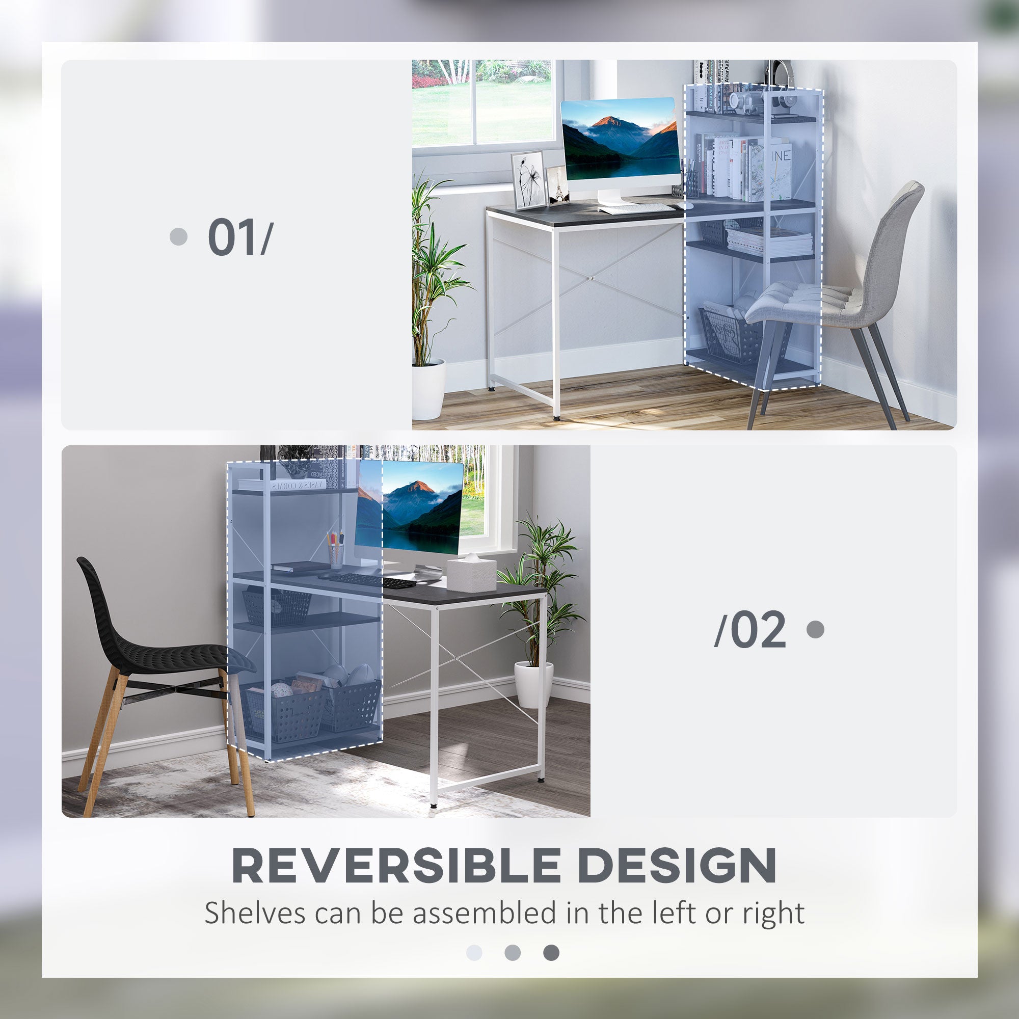 HOMCOM Computer Desk with Storage Shelves on Left or Right, Industrial Reversible Writing Desk for Home Office, Study, Easy Assembly, 120 x 64 x 121cm, Black and White 