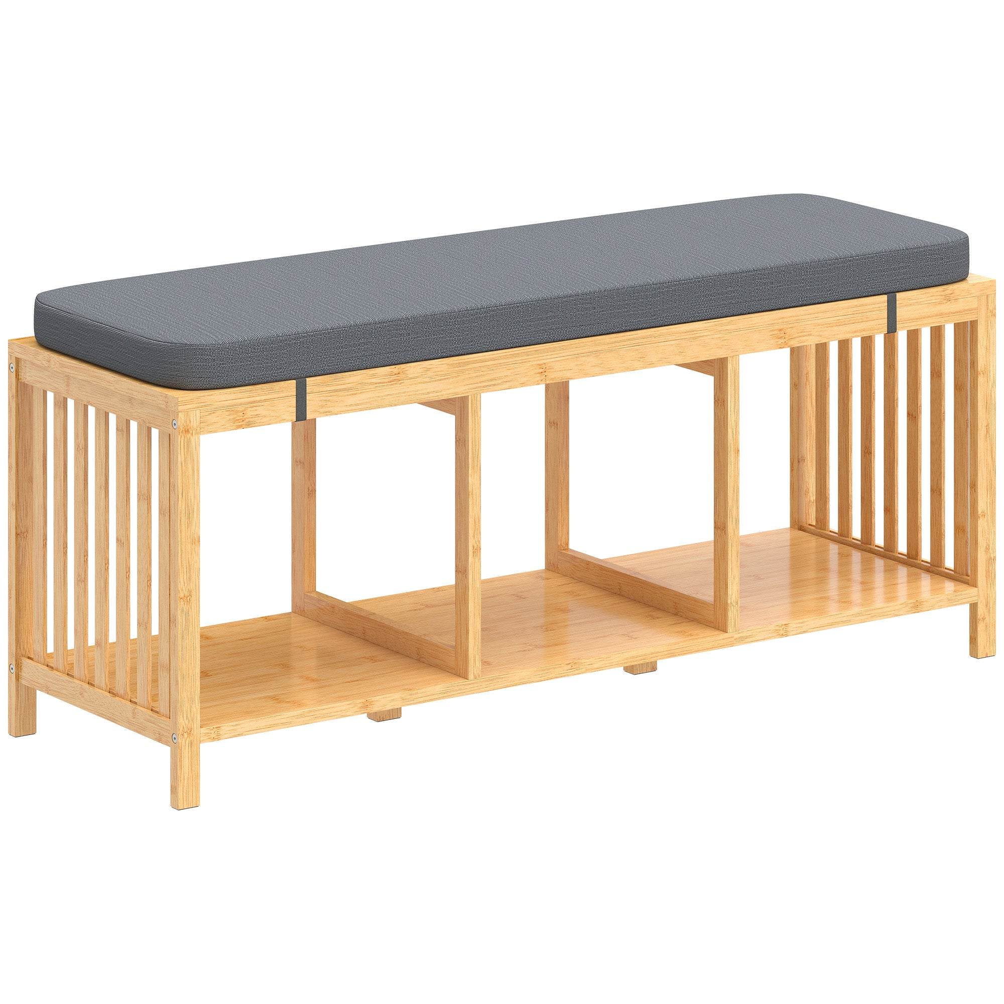 HOMCOM Bamboo Shoe Bench, Entryway Storage Bench with Padded Cushion and Open Shelf, Natural Wood Finish 