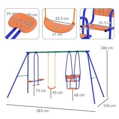 Outsunny Three-In-One Kids Metal Swing Set with Swing, Glider, Rocking Chair Swing, for Ages 3+ years - Orange and Blue 