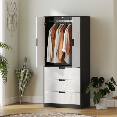 HOMCOM 2 Door Wardrobe, Modern Wardrobe with 3 Drawers and Hanging Rod for Bedroom, High Gloss White 