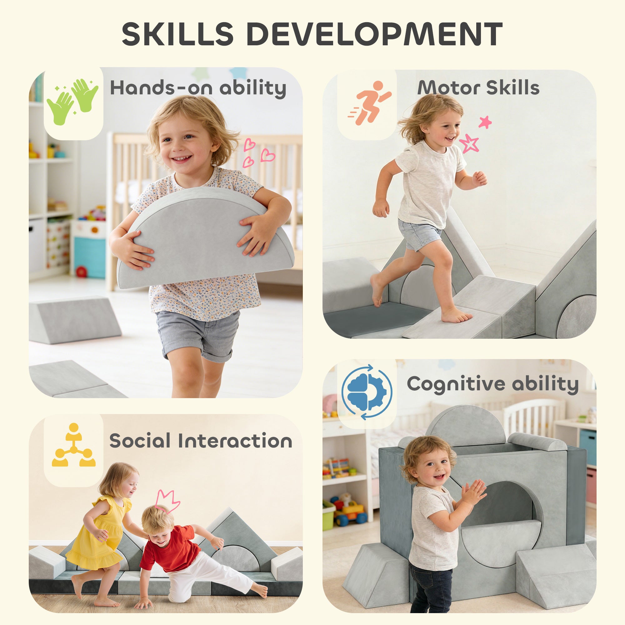 AIYAPLAY Kids Play Sofa, 12 Pieces Foam Modular Soft Play Set for Playroom, Children Convertible Sofa for Boys and Girls, Grey 