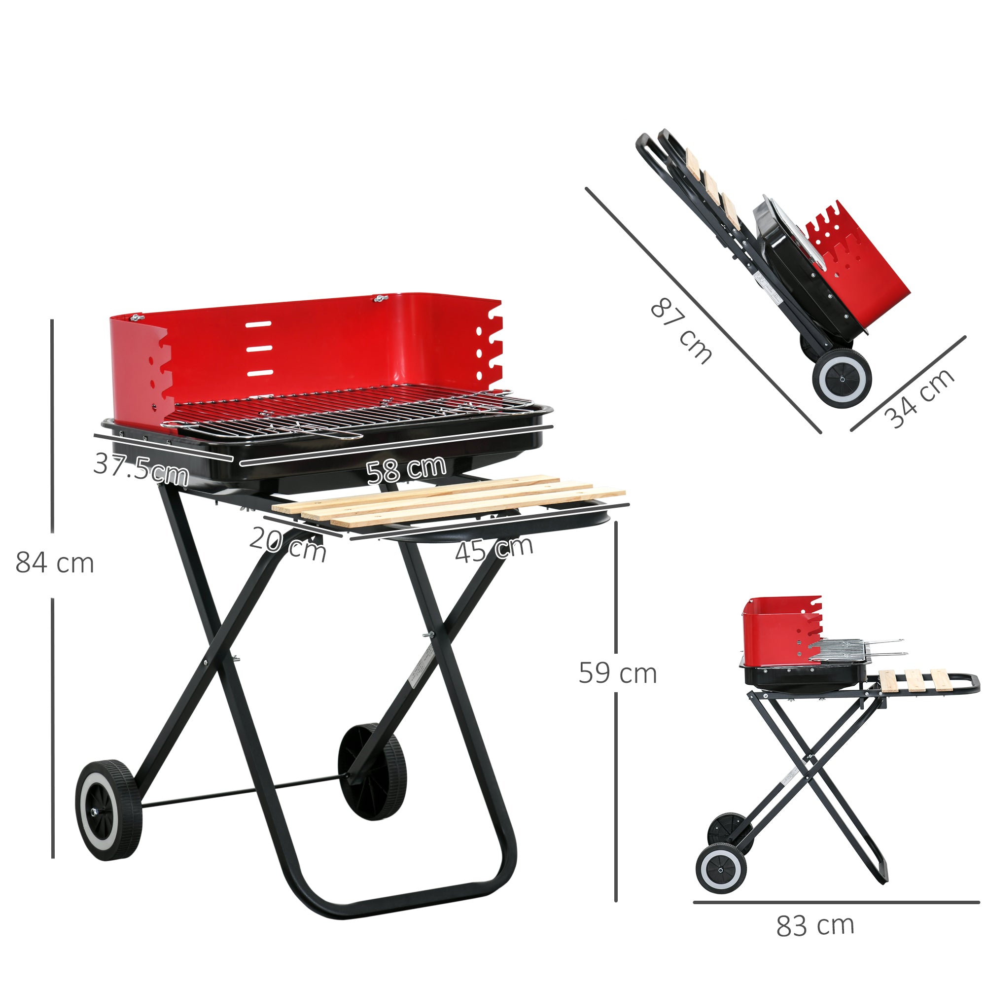 Outsunny Charcoal Trolley BBQ Barbecue Grill Patio Camping Picnic Garden Party Outdoor Cooking with Windshield, Wheels Side Trays, Black/Red 